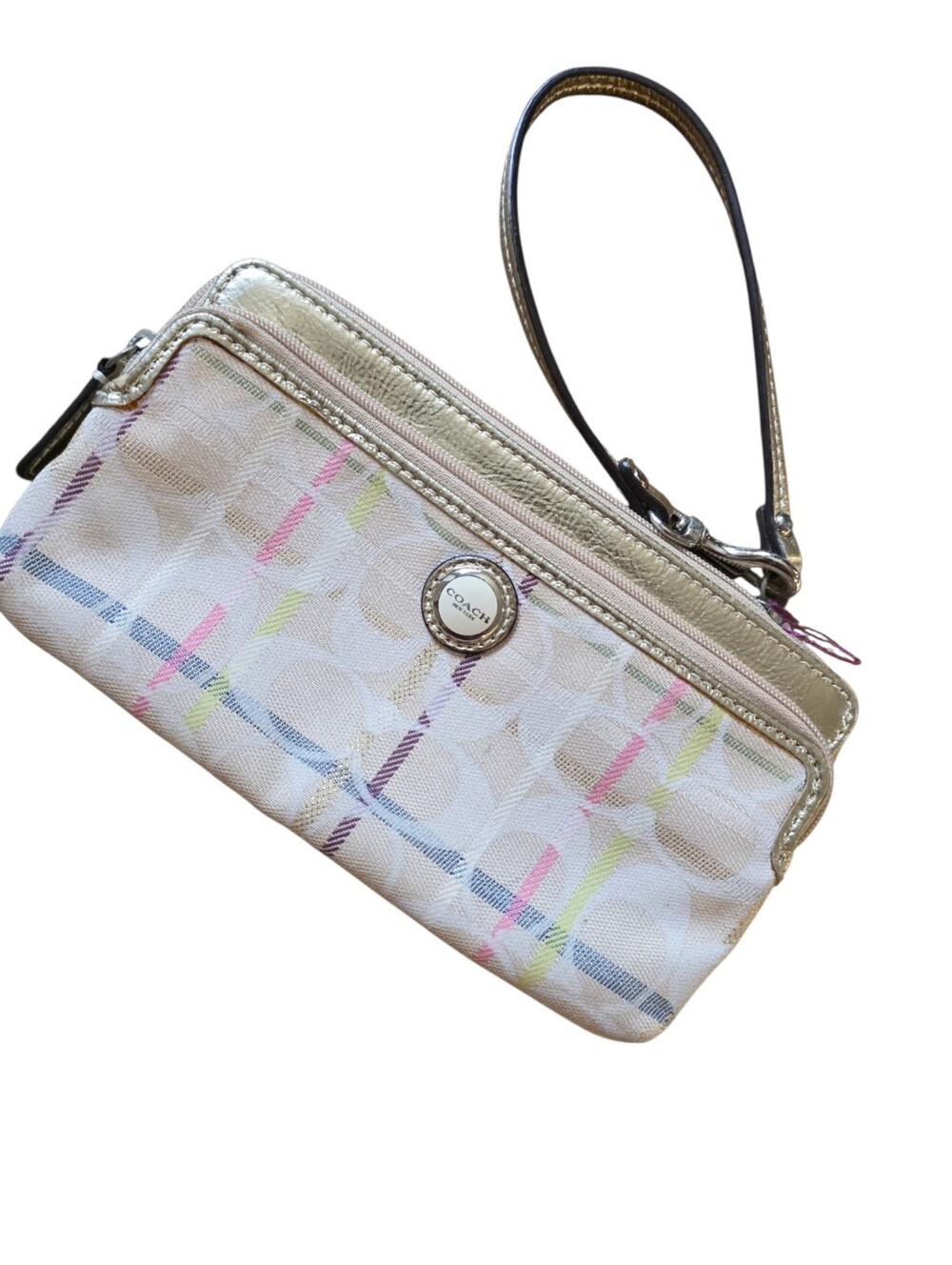 Coach White Multicolor Signature Wristlet with Gold Trim